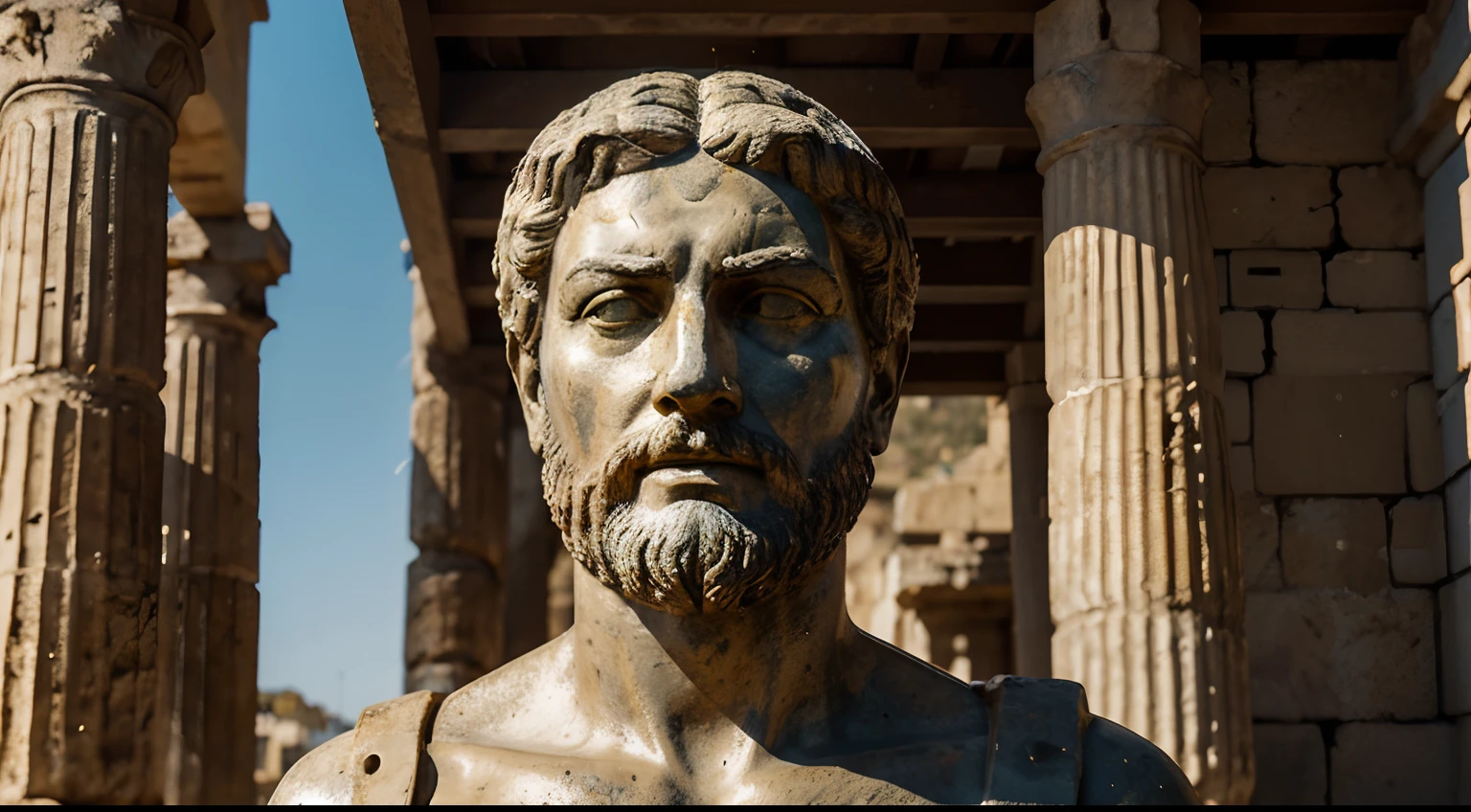 Ancient Stoic Statue With Very Angry Expression, tem barba, muitos detalhes em ambos os olhos, Outside, fundo atenas grego, open sky, com rosto extremamente detalhado full body view, Colors with low saturation with dark tone, Filmado em Sony A7S III com Sony FE 35mm f/1.8, 12.1 MP, --AR 3:2 --estilo cru