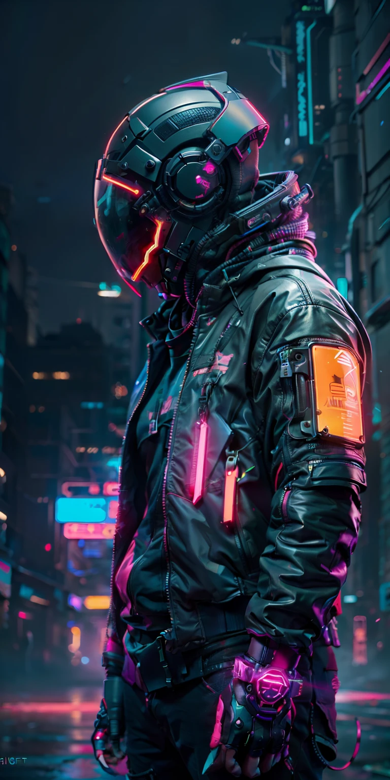 (masterpiece, full-body shot, intrincate raw photography)cyberpunk citizen in oversize techwear, using a black  astro daftpunk style helmet, neon light details, intrincate, futuristic, sharpness, ramdom pose, cyberpunk city, street neon lights, insta pic, photo of the year, octane render, substance, maya 3d, cinema4d, artstation trending, devian art trend,