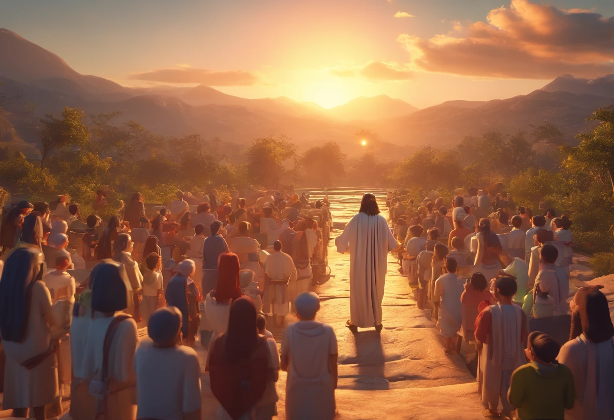 Jesus em uma montanha, People Listening to the Preaching, sol brilhando, listener being men, women, and children, ovelhas passeando e sendo pastoreadas ao fundo.