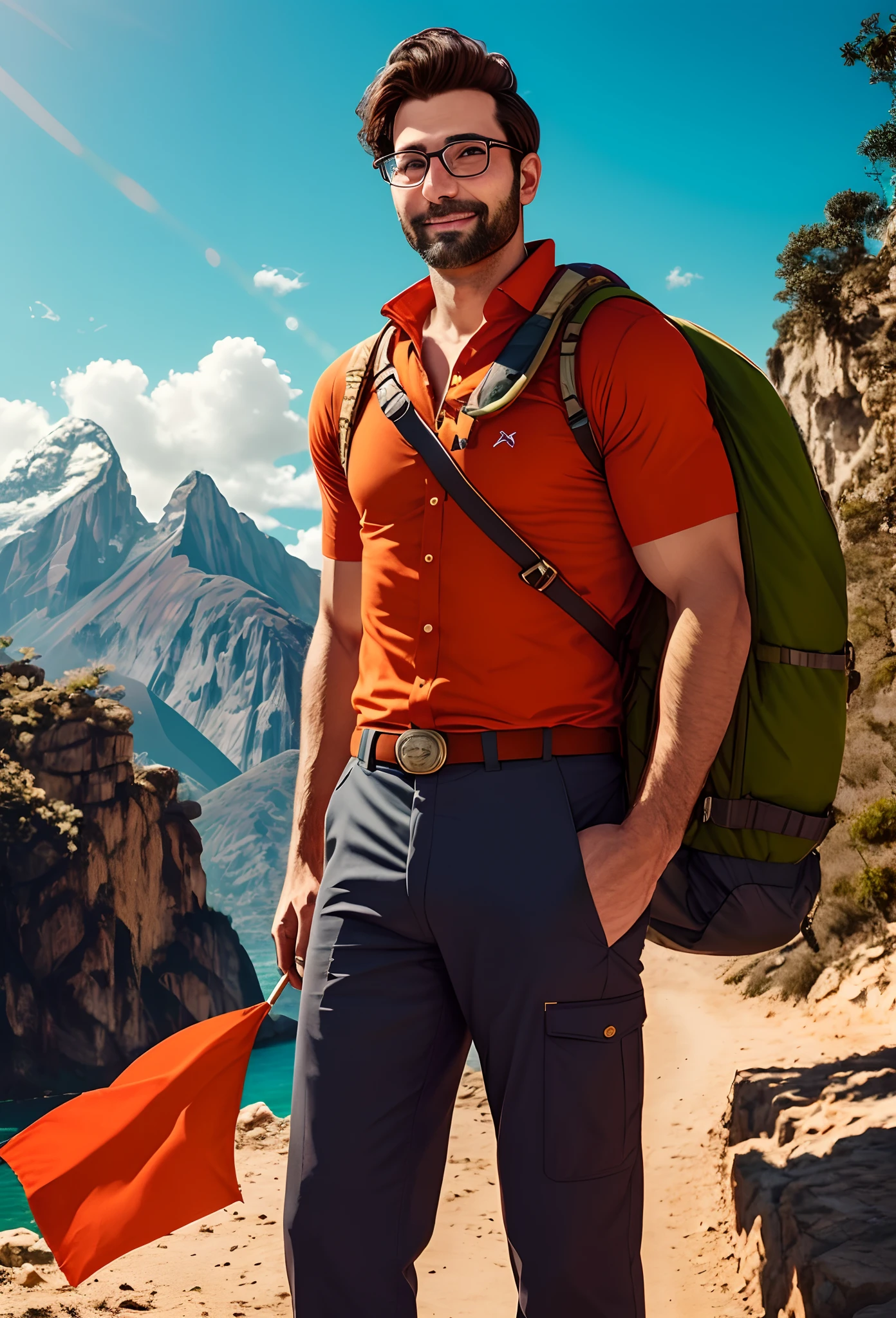 personagem estilo pixar, homem, 40 anos, barba fina pontiaguda, olhos e cabelos pretos, bone camuflado escrito LGND, camisa laranja, trekking pants,  botas de alpinista, mochila cargueira,  South American Indian Face, rosto do Sonny Ferrarezi, Rectangular glasses, olhos semi orientais, olhar bravo, sorrindo, @sonnyferrarezi, Holding Orange Triangular Flag Written Legendaries, altura 1,70, peso 85 kg, rosto oval, falando AHU