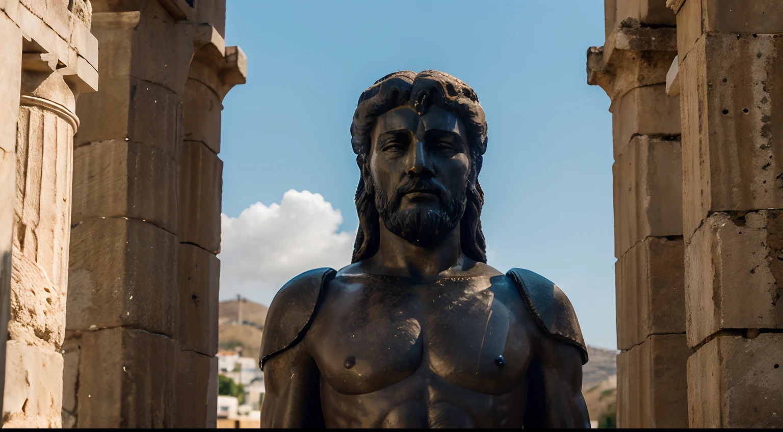 Ancient Stoic Statue With Very Angry Expression, tem barba, muitos detalhes em ambos os olhos, Outside, fundo atenas grego, open sky, com rosto extremamente detalhado full body view, Colors with low saturation with dark tone, Filmado em Sony A7S III com Sony FE 35mm f/1.8, 12.1 MP, --AR 3:2 --estilo cru