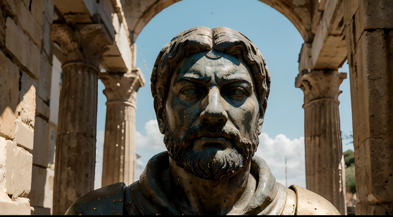 Ancient Stoic Statue With Very Angry Expression, tem barba, muitos detalhes em ambos os olhos, Outside, fundo atenas grego, open sky, com rosto extremamente detalhado full body view, Colors with low saturation with dark tone, Filmado em Sony A7S III com Sony FE 35mm f/1.8, 12.1 MP, --AR 3:2 --estilo cru