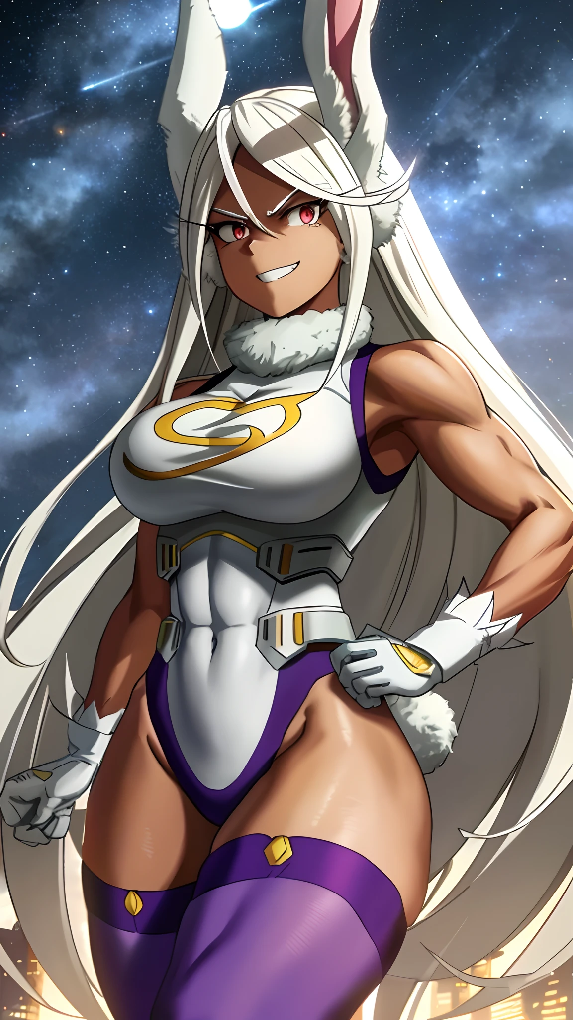 [Miruko; Boku no hiro academia], [Uploaded to rule34.xxx; (shosho_oekaki), (shoganight), (kingmaster)], ((masterpiece)), ((solo portrait)), ((HD)), ((anime)), ((detailed  soft shading)), ((beautiful render art)), ((cinematic lighting)), {Miruko; (dark skin), maroon eyes, long white hair, long white bunny ears, small fluffy white bunny tail, large boobs), (gorgeous wide hips), (muscular legs), (thick thighs), (muscular calves), (defined arm muscles), (smug grin), (white teeth)}, {hero costume), (fluffy collar), (purple thigh-highs), white bracers}, {(dynamic pose), (standing), (hand on hip), (on top of skyscraper), (looking at viewer)}, [Background; (starry sky), (full moon), (skyscrapers)]