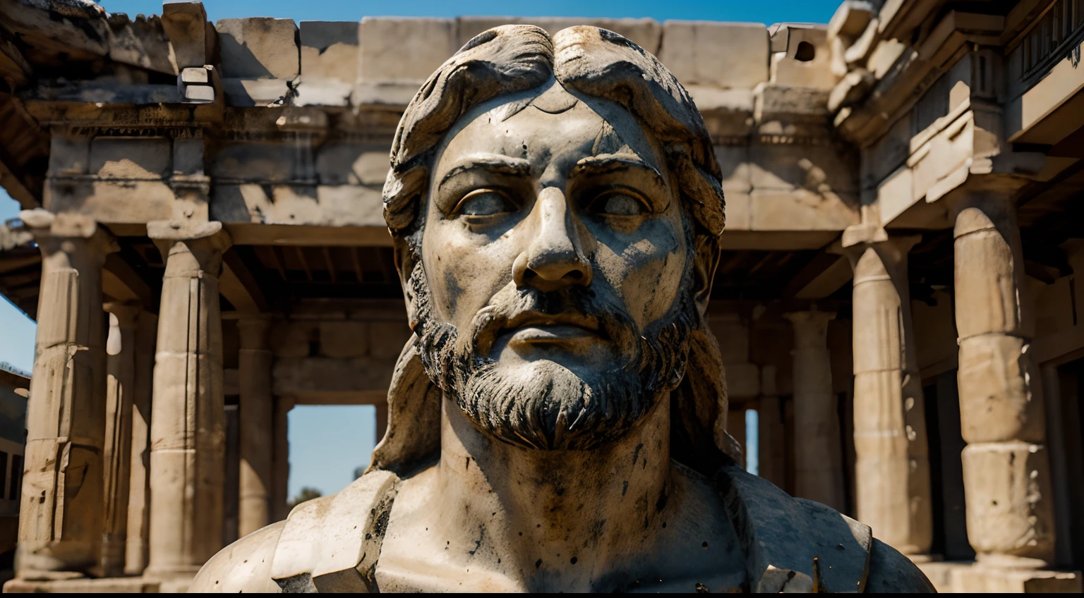 Ancient Stoic Statue With Very Angry Expression, tem barba, muitos detalhes em ambos os olhos, Outside, fundo atenas grego, open sky, com rosto extremamente detalhado full body view, Colors with low saturation with dark tone, Filmado em Sony A7S III com Sony FE 35mm f/1.8, 12.1 MP, --AR 3:2 --estilo cru