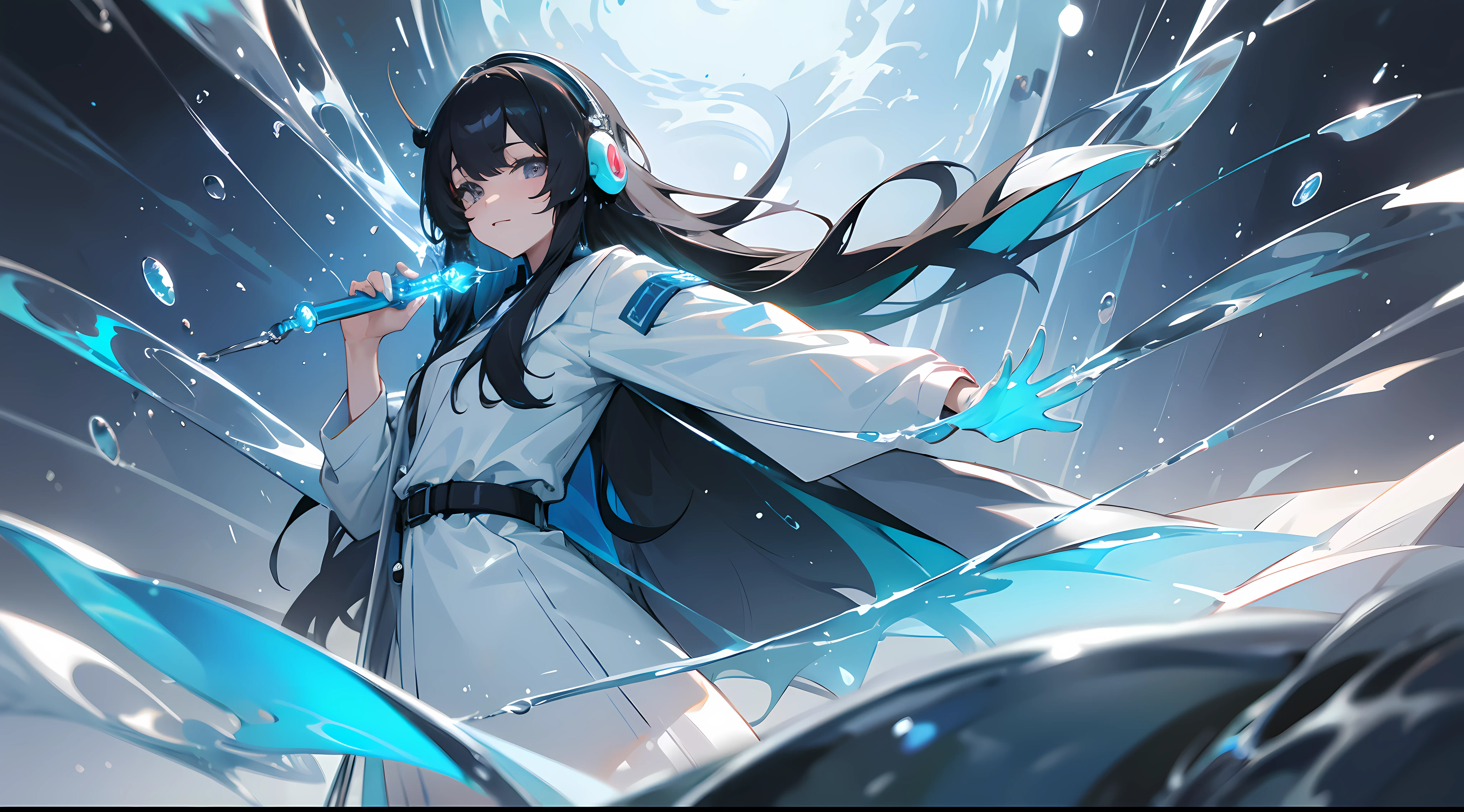 Top image quality、illustratio、ultra-definition、Ultra High Definition Facial、Ultra-fine eyes、Black Long Hair、The tips of the hair are faintly shiny、grey eyes、beautidful eyes、wearing lab coat、scientist、Wear glowing blue headphones、Holding a flask with a rainbow-colored liquid、wearing white sneakers、Princess Hairstyles、Eau、water dripping、Water Flow Effect、Realistic water droplets、kagaku、experiment、Glass Tube、Scattered glass fragments