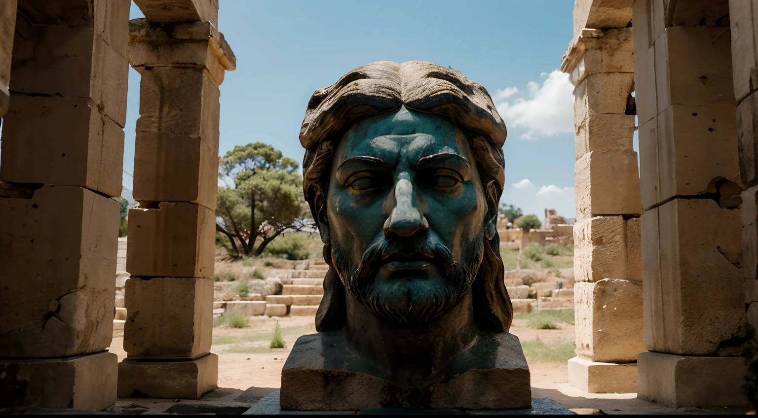 Ancient Stoic Statue With Very Angry Expression, tem barba, muitos detalhes em ambos os olhos, Outside, fundo atenas grego, open sky, com rosto extremamente detalhado full body view, Colors with low saturation with dark tone, Filmado em Sony A7S III com Sony FE 35mm f/1.8, 12.1 MP, --AR 3:2 --estilo cru