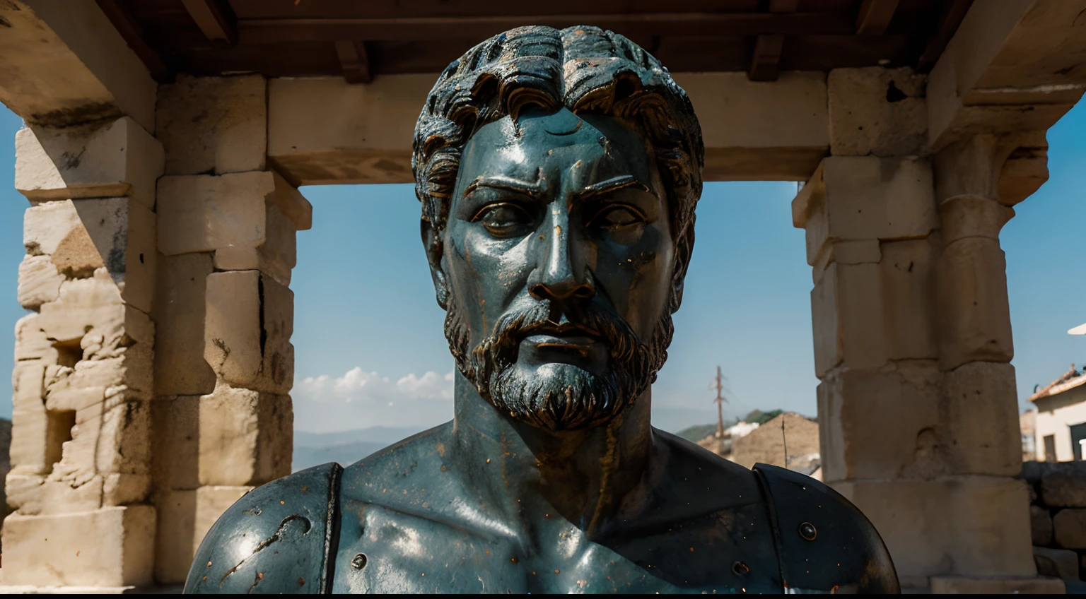 Ancient Stoic Statue With Very Angry Expression, tem barba, muitos detalhes em ambos os olhos, Outside, fundo atenas grego, open sky, com rosto extremamente detalhado full body view, Colors with low saturation with dark tone, Filmado em Sony A7S III com Sony FE 35mm f/1.8, 12.1 MP, --AR 3:2 --estilo cru