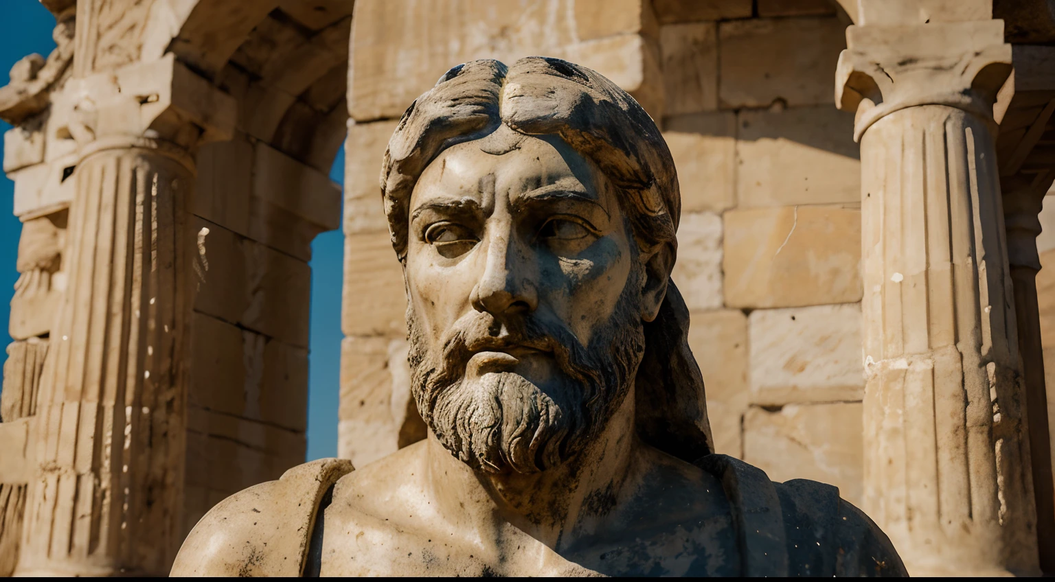 Ancient Stoic Statue With Very Angry Expression, tem barba, muitos detalhes em ambos os olhos, Outside, fundo atenas grego, open sky, com rosto extremamente detalhado full body view, Colors with low saturation with dark tone, Filmado em Sony A7S III com Sony FE 35mm f/1.8, 12.1 MP, --AR 3:2 --estilo cru