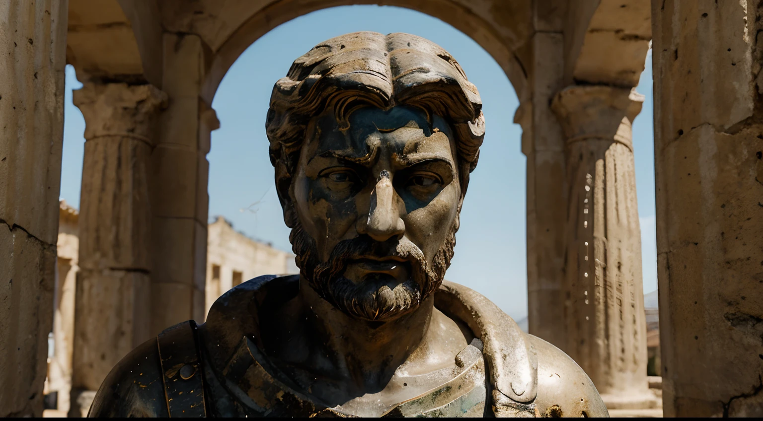 Ancient Stoic Statue With Very Angry Expression, tem barba, muitos detalhes em ambos os olhos, Outside, fundo atenas grego, open sky, com rosto extremamente detalhado full body view, Colors with low saturation with dark tone, Filmado em Sony A7S III com Sony FE 35mm f/1.8, 12.1 MP, --AR 3:2 --estilo cru