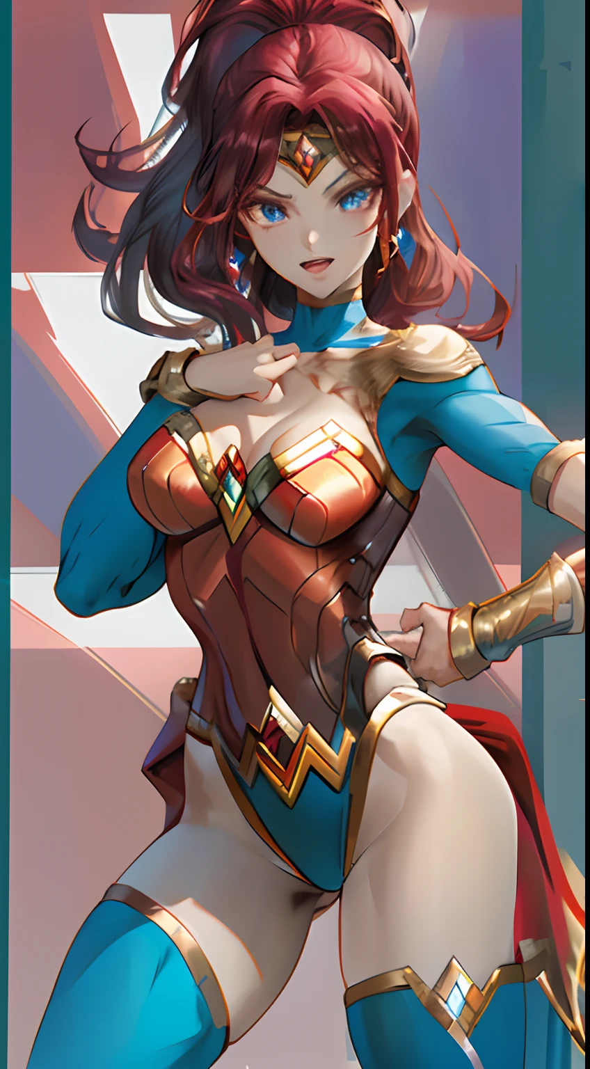 Wonder Woman, spread legs, powerful pose, confident expression, flowing hair, detailed face, vibrant colors, comic book style, dynamic lighting, strong and fierce, action-packed, epic battle, high-res artwork, attention to costume details, outstanding physique, eye-catching visuals, iconic superhero, engaging composition, energetic strokes, captivating illustration, dramatic shadows, intense atmosphere.