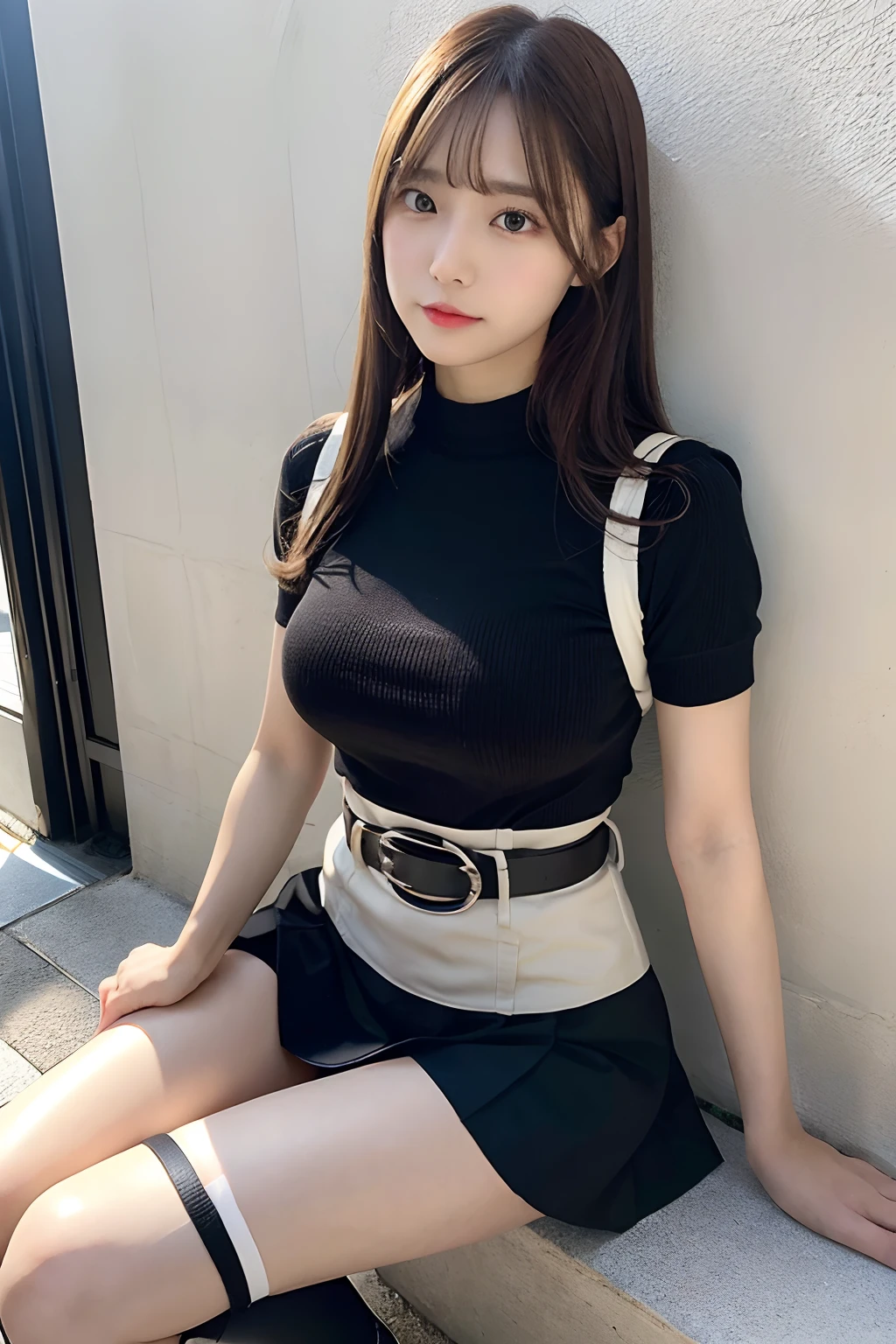 ​masterpiece、top-quality、The ultra -The high-definition、、colourfull、flat-colors、depth of fields、lens flare 1 girl、、Brown hair、watching at viewers　　　Black Cutter Shirt　a belt　black suspenders　Social OL　　　ample bosom　a miniskirt　　 Face sitting
Waiting to start　 Armpit sweat　perspiring　Side of both hands　huge-breasted　Knee High Near the Wall　Niso　stockings　garterbelts