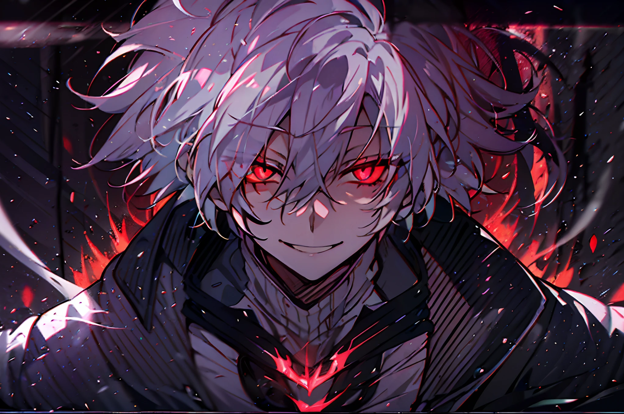 One person,Anime boy with white hair and red eyes staring at camera, Glowing red eyes,slim, Black clothe,Shadow Body,monochromes,hair messy,evil smile,