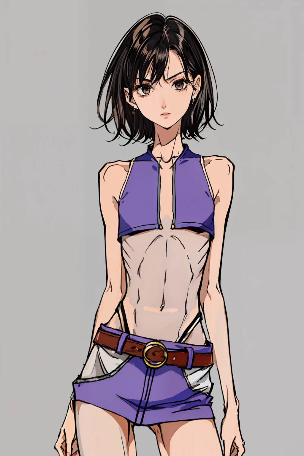Realitsic very skinny young woman, Charli D'amelio: 2.0 , naked, ((very very small waist)), ((ribs visible)), thin arms, thin legs, fine and beautiful face. ((Very skinny and fine body)), small breats, flatchest. ((Anorexic girl))., HD, 8k, high quality. ((thick belt at the waist))