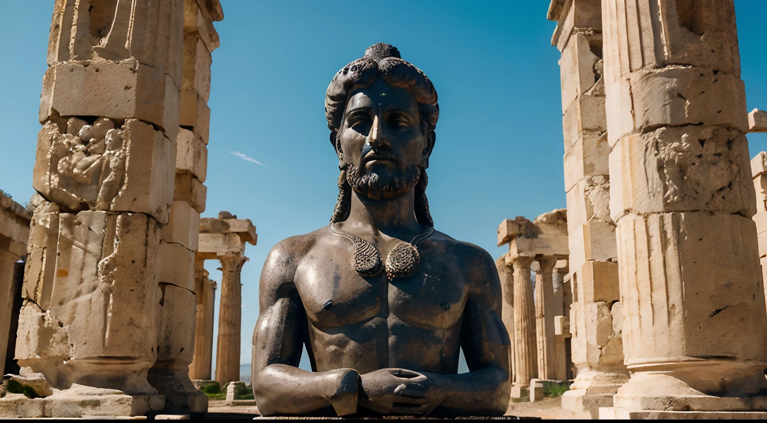 Ancient Stoic Statue With Very Angry Expression, tem barba, muitos detalhes em ambos os olhos, Outside, fundo atenas grego, open sky, com rosto extremamente detalhado full body view, Colors with low saturation with dark tone, Filmado em Sony A7S III com Sony FE 35mm f/1.8, 12.1 MP, --AR 3:2 --estilo cru