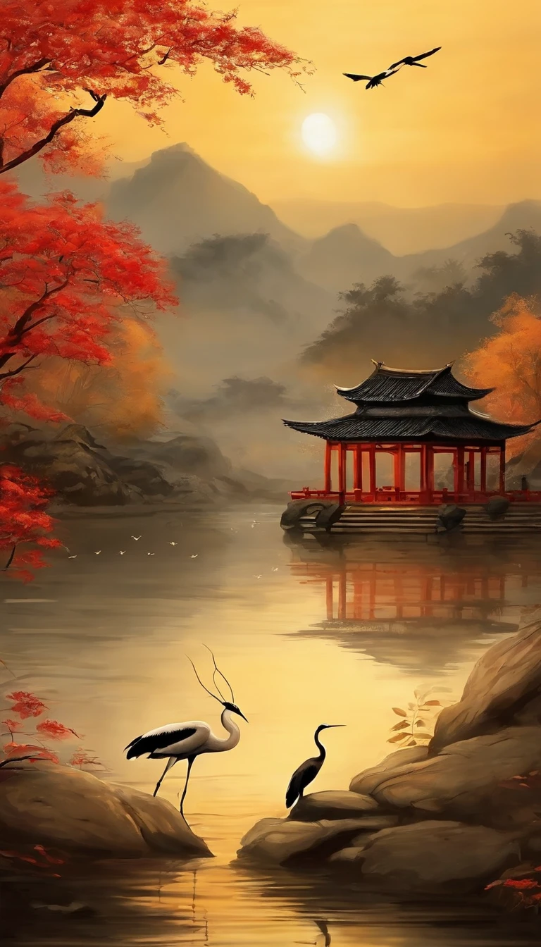 China ink painting，ink，The sunset and the solitary crane fly together，The autumn water is the same for a long time，The beauty of ancient poetry，the setting sun，Wild geese in the sky in the distance，Ancient buildings are scattered