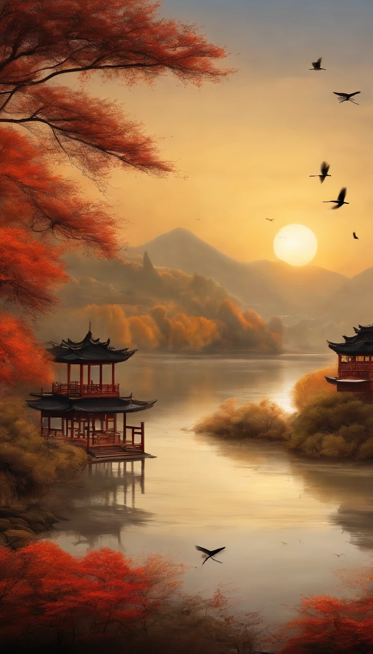 China ink painting，ink，The sunset and the solitary crane fly together，The autumn water is the same for a long time，The beauty of ancient poetry，the setting sun，Wild geese in the sky in the distance，Ancient buildings are scattered