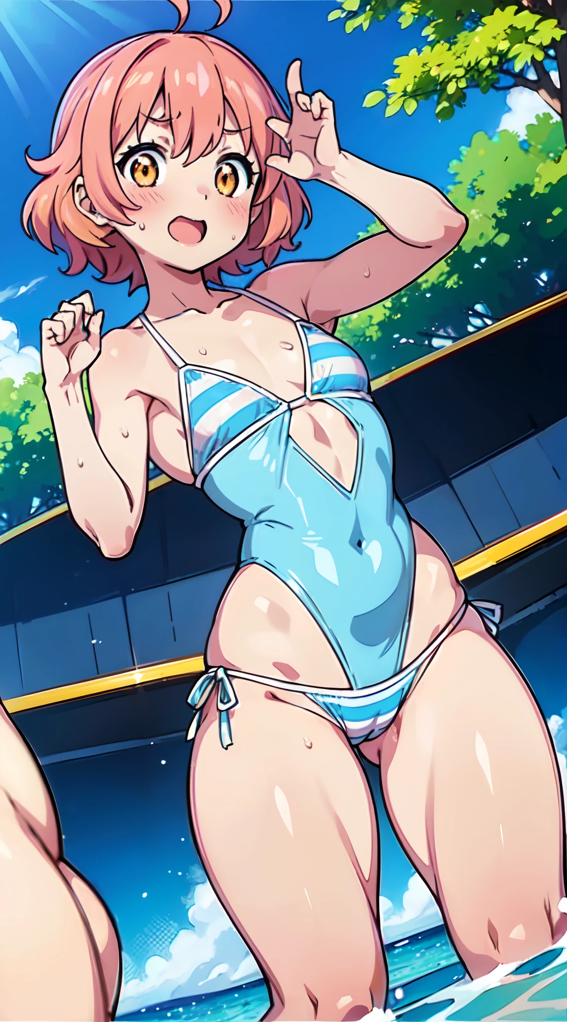 (Perfect body),Best Quality,16 K、((((()))))、((Light blue striped bikini))、()、(((blush)))、I have my mouth wide open、:D、V-shaped eyebrow、short-hair、((((waved hair))))、Ahoge、(Orange Eyes),((Pink hair)),(Sweat)、((Big ass))、((((flat chest))))、(((thick thighs)))、Armpits、Hands behind the head、(kneeking)、(claw pose)、in poolside