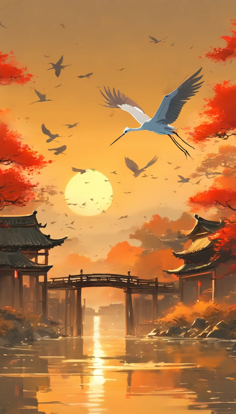 China ink painting，ink，The sunset and the solitary crane fly together，The autumn water is the same for a long time，The beauty of ancient poetry，the setting sun，Wild geese in the sky in the distance，Ancient buildings are scattered