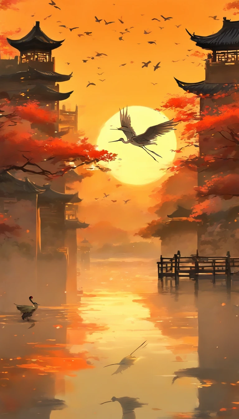 China ink painting，ink，The sunset and the solitary crane fly together，The autumn water is the same for a long time，The beauty of ancient poetry，the setting sun，Wild geese in the sky in the distance，Ancient buildings are scattered