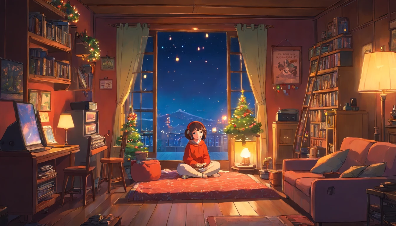 Girl listening to music in a cozy room at night, Christmas decoration. Usando fones de ouvido, Anime estilo 2D, Lo-fi, disco Rigido, Ambiente escuro