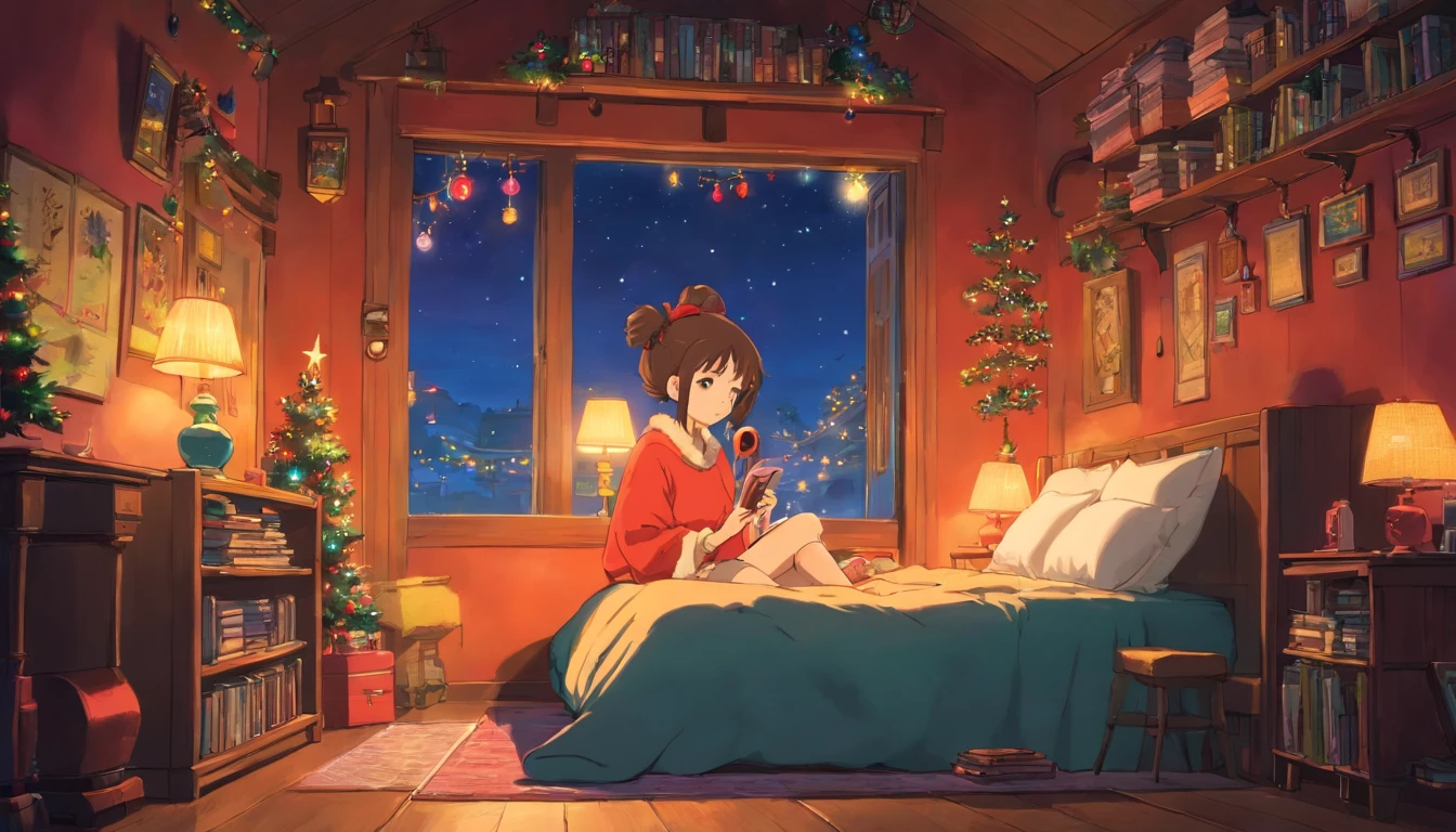 Girl listening to music in a cozy room at night, Christmas decoration. Usando fones de ouvido, Anime estilo 2D, Lo-fi, disco Rigido, Ambiente escuro