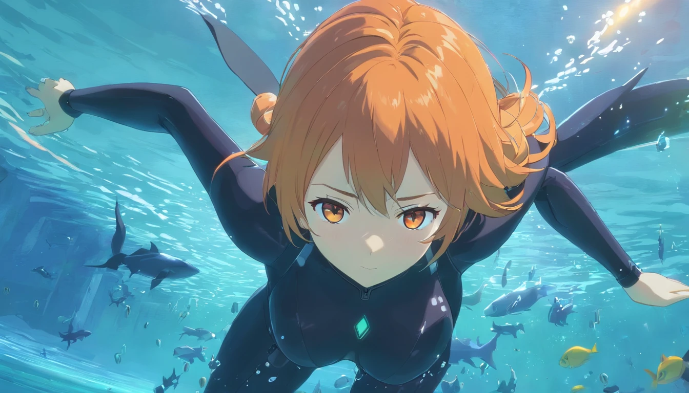 1 female、Orange hair、huge tit、Huge ass、Black rubber suit、yellow  eyes、under the water