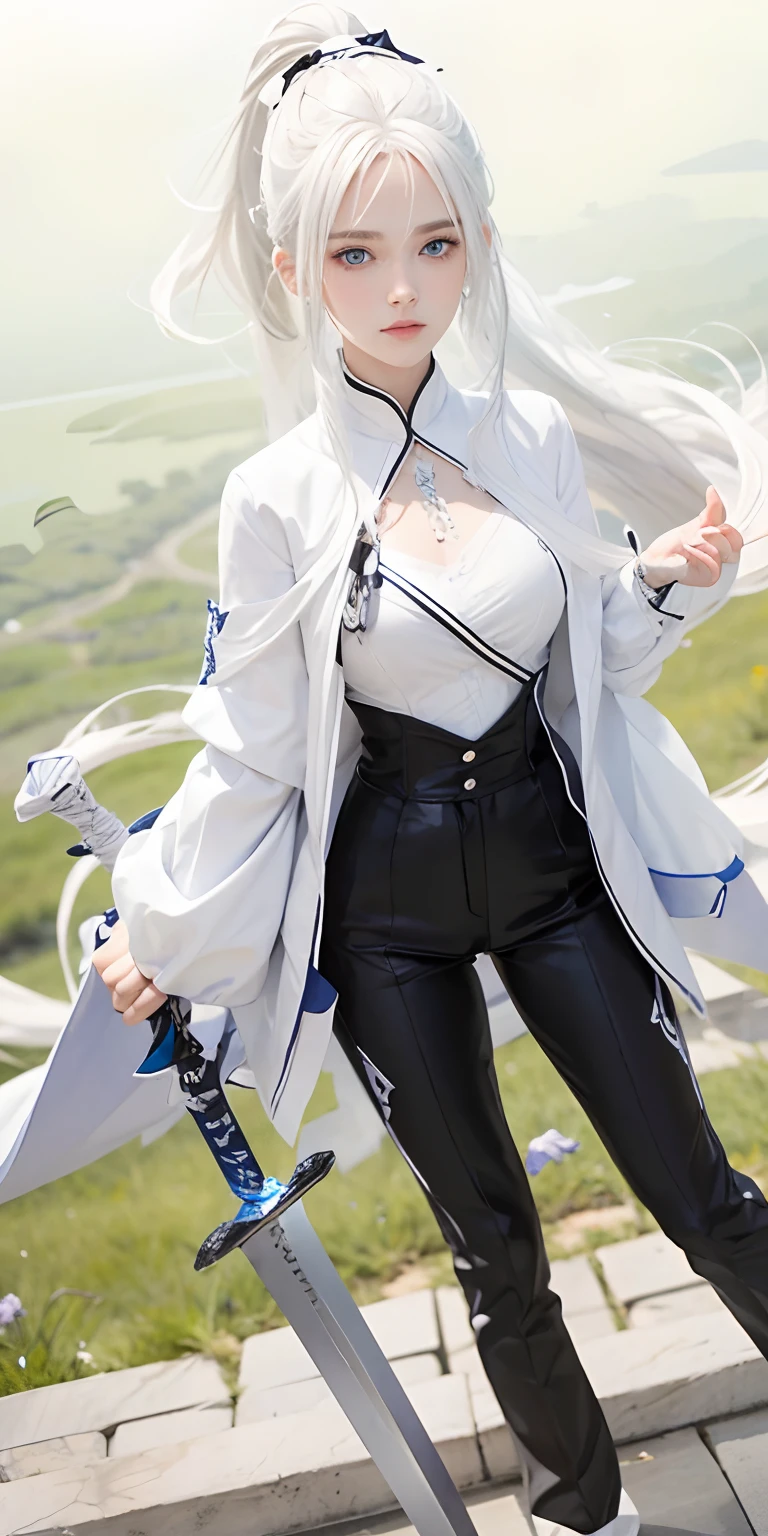 1girl,white hair, ponytail,blue eyes,white and black clothes,sword,