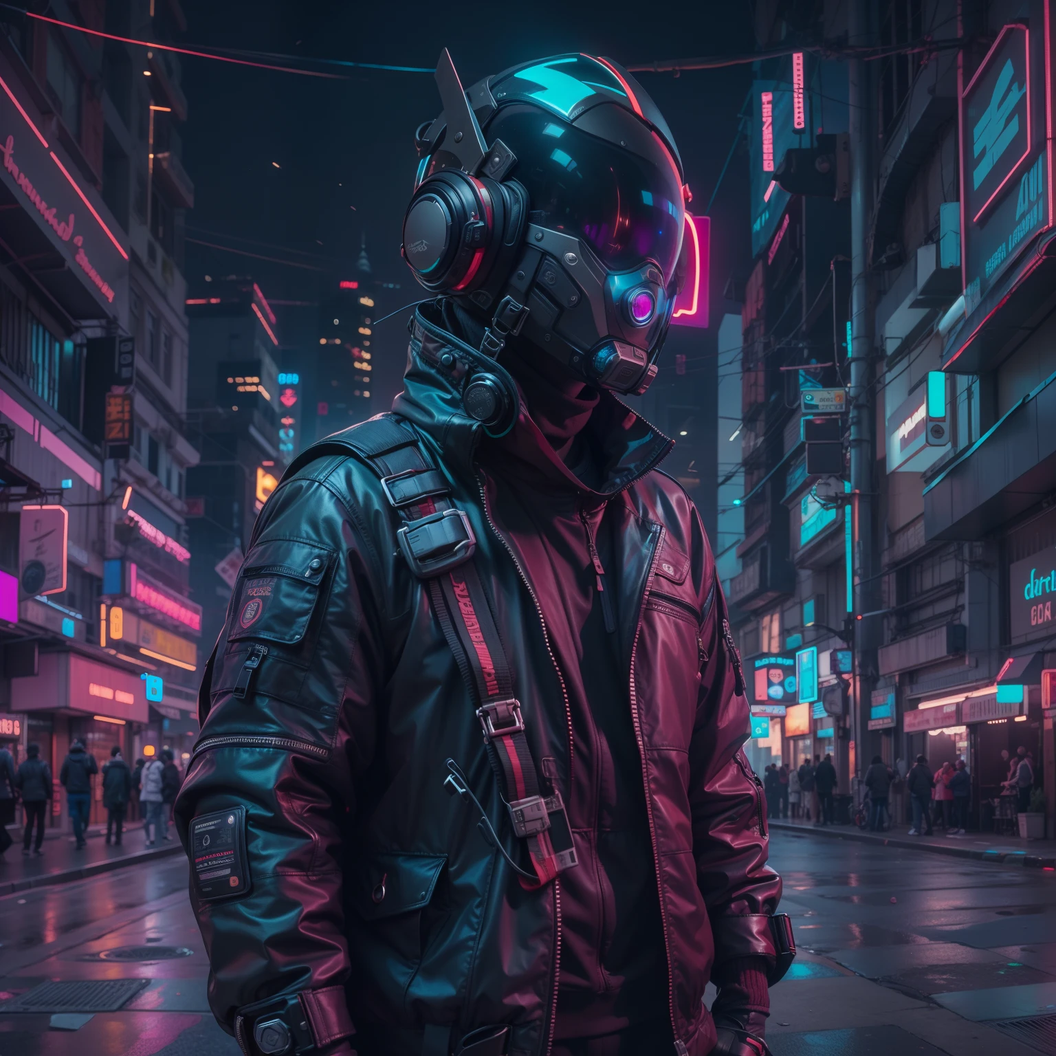 (masterpiece, full-body shot, intrincate raw photography)cyberpunk male citizen in oversize techwear, using a black  astro daftpunk style helmet, neon light details, intrincate, futuristic, sharpness, ramdom pose, cyberpunk city, street neon lights, insta pic, photo of the year, octane render, substance, maya 3d, cinema4d, artstation trending, devian art trend, kuala lumpur city in cyberpunk style,