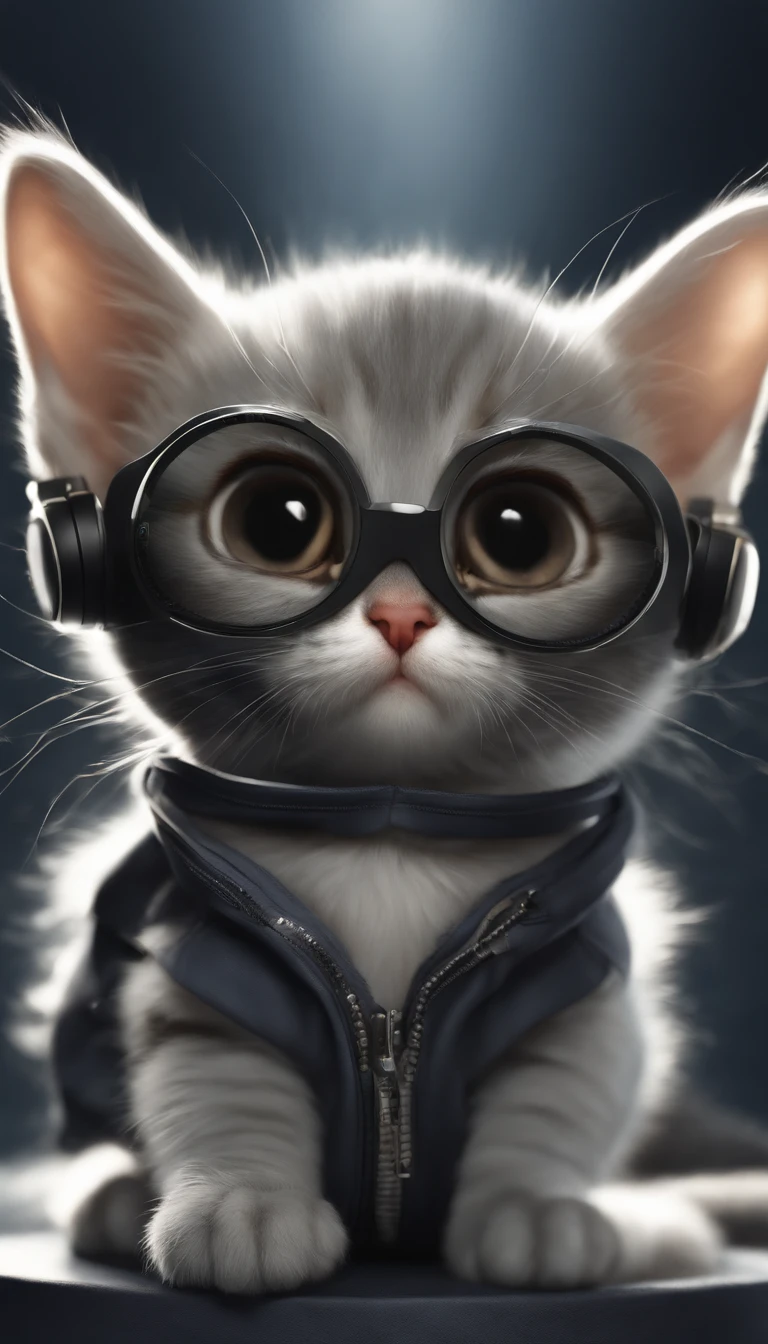 Perfect centering, Cute gray kittens everywhere, Wear a student jacket, Wear sunglasses, Use headphones, standing position, Abstract beauty, centre, Looking at the camera, in front of camera, Approaching perfection, Dynamic, rays of moonlight, ighly detailed, digitial painting, art  stations, concept-art, suave, foco nítido, 8K, hight resolution, diagrams, art by:Kahne Griffith and Vadim Kashin, white backgrounid
