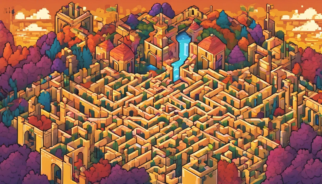 Illustration of a complex maze with multiple branches, Represents different narratives. Inspired by the artistic style of MC Escher, The maze features intricate lines and an illusory perspective. Features a vibrant and contrasting color palette, The maze conveys the idea of exploring different paths. The facial expressions of the characters in the maze are surprised and curious. The lights are bright,The atmosphere is full of discovery and challenge.--v 5 --stylize 1000
