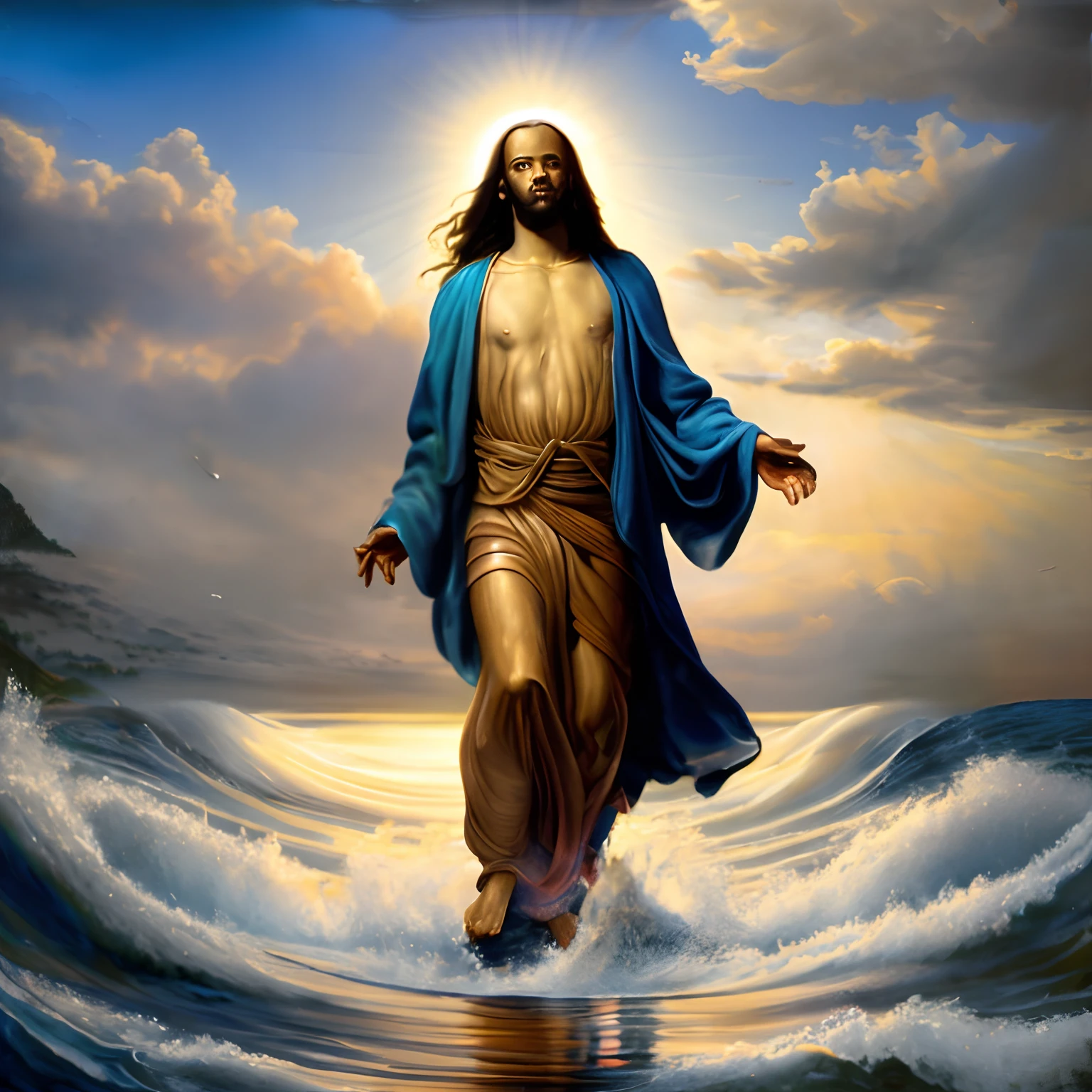Jesus Christ walking on water,black Jesus,water reflections,divine light,spiritual atmosphere,vibrant colors,realistic waves,beautifully detailed face and features,long robe flowing in the wind,incredible realism,celestial aura,religious symbolism,sacred moment,divine intervention,miraculous scene,faith and devotion,peaceful and calm expression,serene and tranquil background,ethereal glow,heavenly presence,stunning masterpiece,high-res rendering,impressive photorealism,profound spiritual experience