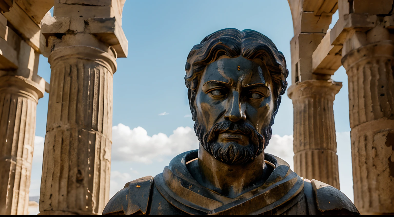 Ancient Stoic Statue With Very Angry Expression, tem barba, muitos detalhes em ambos os olhos, Outside, fundo atenas grego, open sky, com rosto extremamente detalhado full body view, Colors with low saturation with dark tone, Filmado em Sony A7S III com Sony FE 35mm f/1.8, 12.1 MP, --AR 3:2 --estilo cru