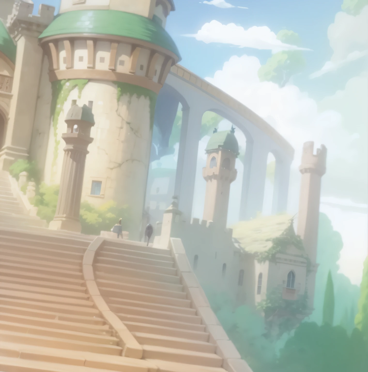a picture taken from the ground of a cartoon castle with a flying girl, castle in the sky style, castle in the sky, miyazaki's animated film, studio ghibli and shinkai makoto, ghibli animated film, ghibli film, miyazaki film, studio ghibli movie, in style of studio ghibli, studio ghibli sky, studio ghibli anime
