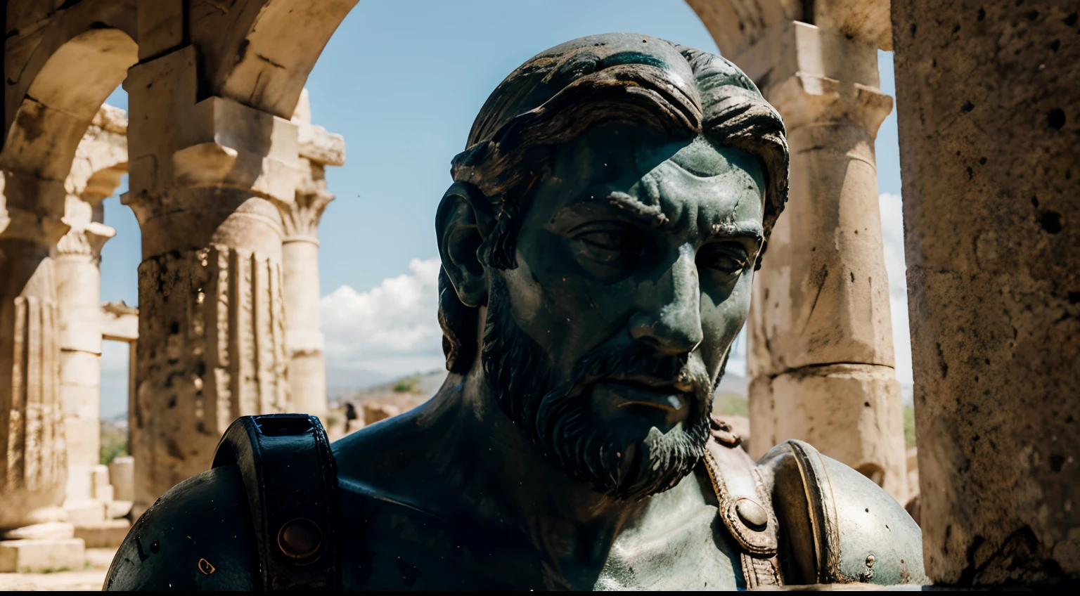 Ancient Stoic Statue With Very Angry Expression, tem barba, muitos detalhes em ambos os olhos, Outside, fundo atenas grego, open sky, com rosto extremamente detalhado full body view, Colors with low saturation with dark tone, Filmado em Sony A7S III com Sony FE 35mm f/1.8, 12.1 MP, --AR 3:2 --estilo cru