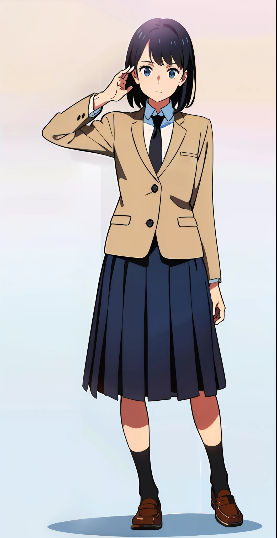 (raise arm:1.0), (white background:1.1), (best quality:1.1), (masterpiece:1.1), (full body:1.0), (solo:1.0), (a 18yo cute girl:1.0), (long skirt:0.9), (dark blue skirt:1.0), (pleated skirt:1.0), (school uniform beige blazer:1.0), (dark blue necktie:1.0), (black socks:1.0), (loafers:1.0), (lanky:1.1), (tall:1.1), (slender:1.1), (small breasts:1.1), (detailed beautiful eyes:1.0), (detailed beautiful face:1.0), (glowing black eyes:1.0), (short hair:1.0), (strait hair:1.0), (black hair:1.0)