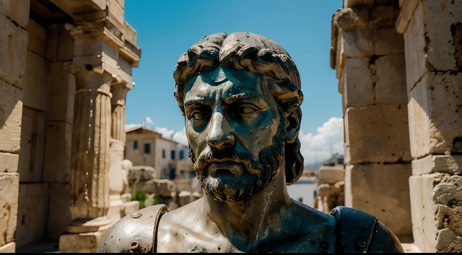 Ancient Stoic Statue With Very Angry Expression, tem barba, muitos detalhes em ambos os olhos, Outside, fundo atenas grego, open sky, com rosto extremamente detalhado full body view, Colors with low saturation with dark tone, Filmado em Sony A7S III com Sony FE 35mm f/1.8, 12.1 MP, --AR 3:2 --estilo cru