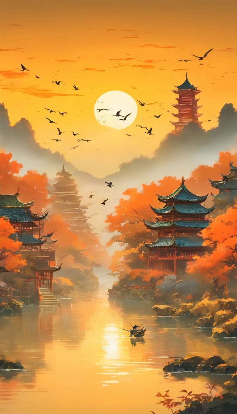 China ink painting,ink,The sunset and the solitary crane fly together,The autumn water is the same for a long time,The beauty of ancient poetry,the setting sun,Wild geese in the sky in the distance,Ancient buildings are scattered,