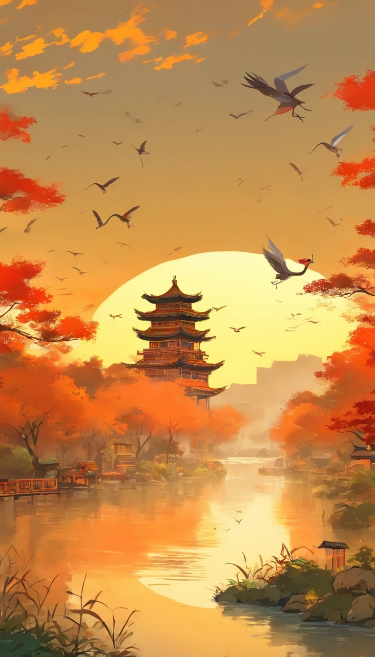 China ink painting,ink,The sunset and the solitary crane fly together,The autumn water is the same for a long time,The beauty of ancient poetry,the setting sun,Wild geese in the sky in the distance,Ancient buildings are scattered,