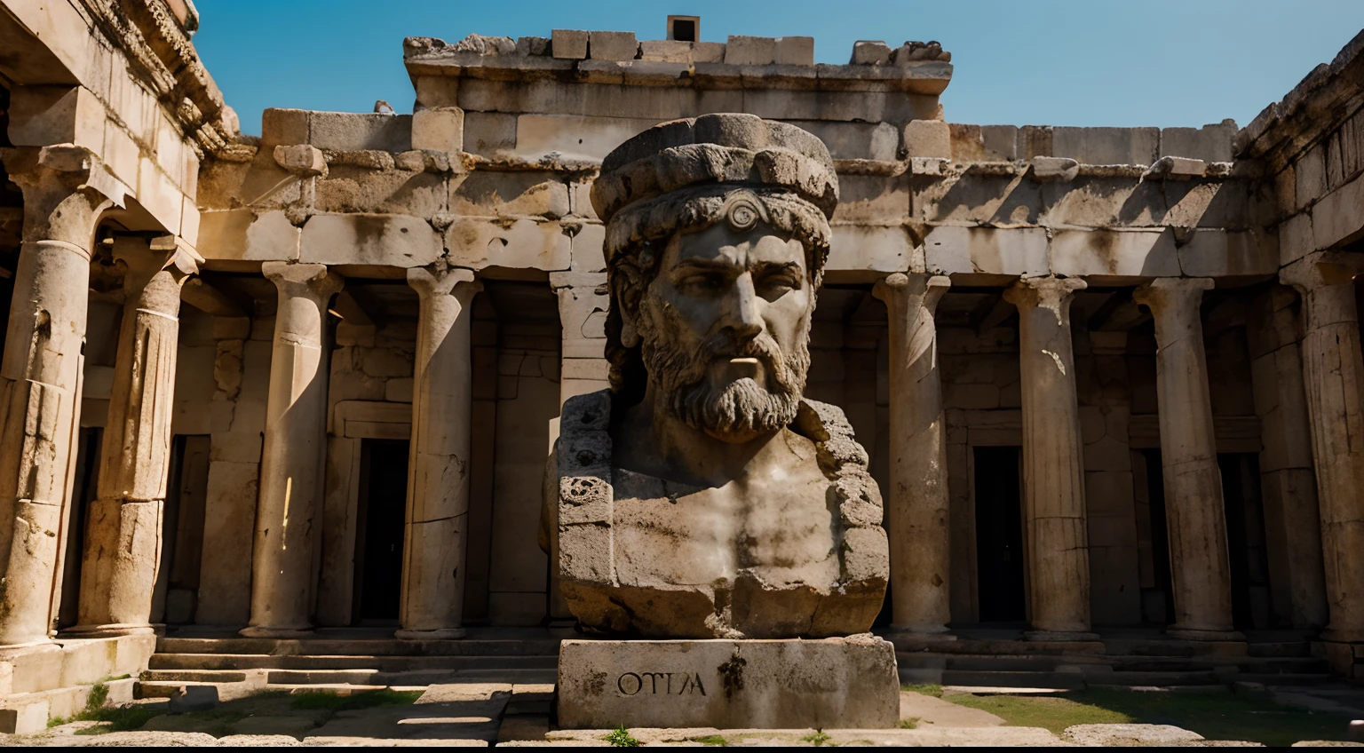 Ancient Stoic Statue With Very Angry Expression, tem barba, muitos detalhes em ambos os olhos, Outside, fundo atenas grego, open sky, com rosto extremamente detalhado full body view, Colors with low saturation with dark tone, Filmado em Sony A7S III com Sony FE 35mm f/1.8, 12.1 MP, --AR 3:2 --estilo cru
