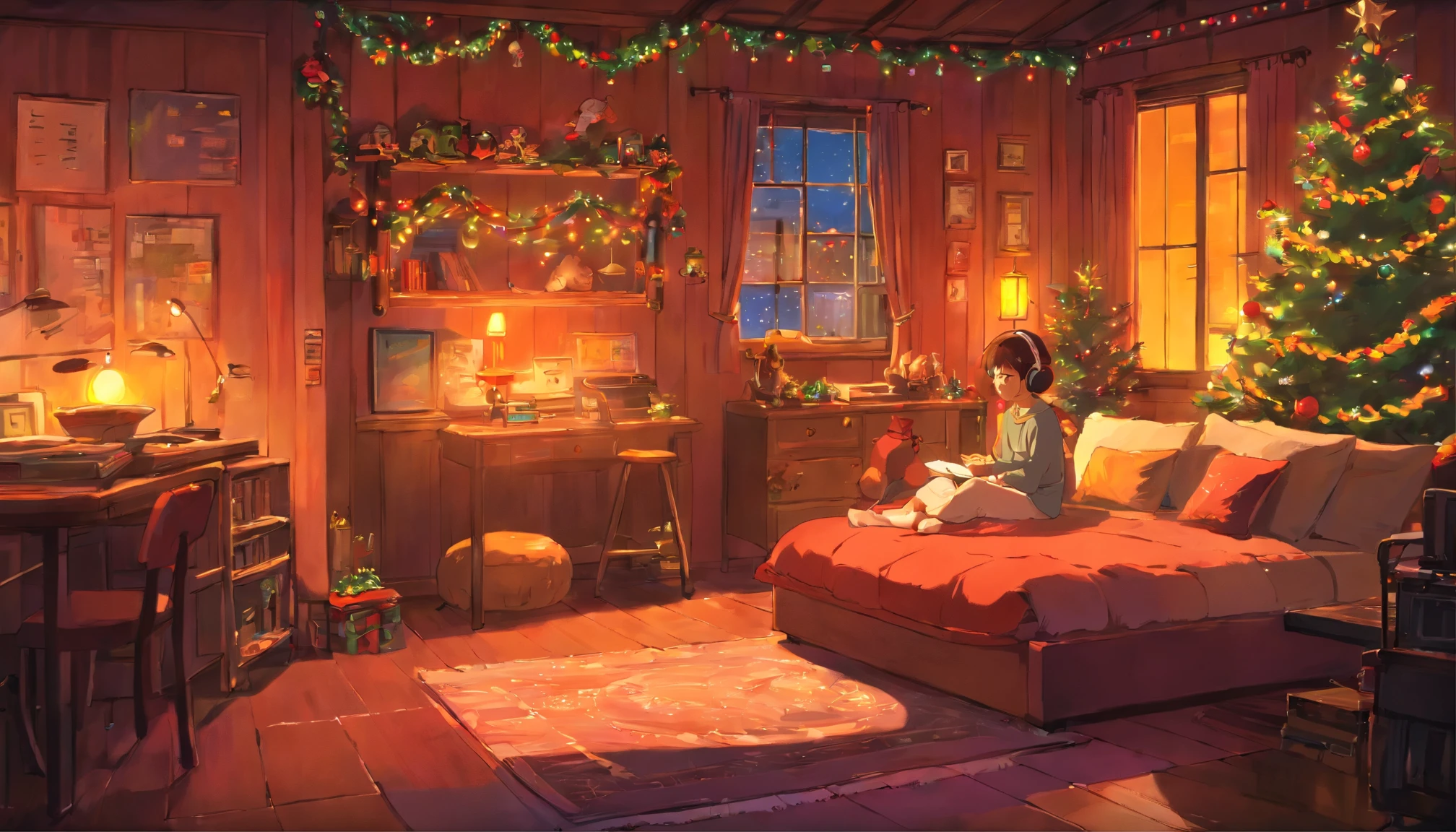 Girl listening to music in a cozy room at night, Christmas decoration. Usando fones de ouvido, Anime estilo 2D, Lo-fi, disco Rigido, Ambiente escuro