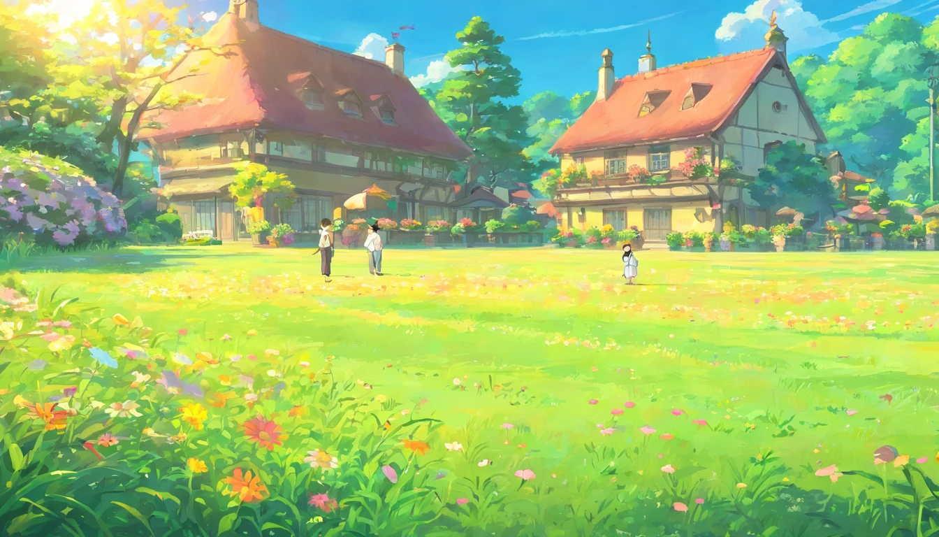 A large lawn,in the afternoon,the setting sun,Flowers,