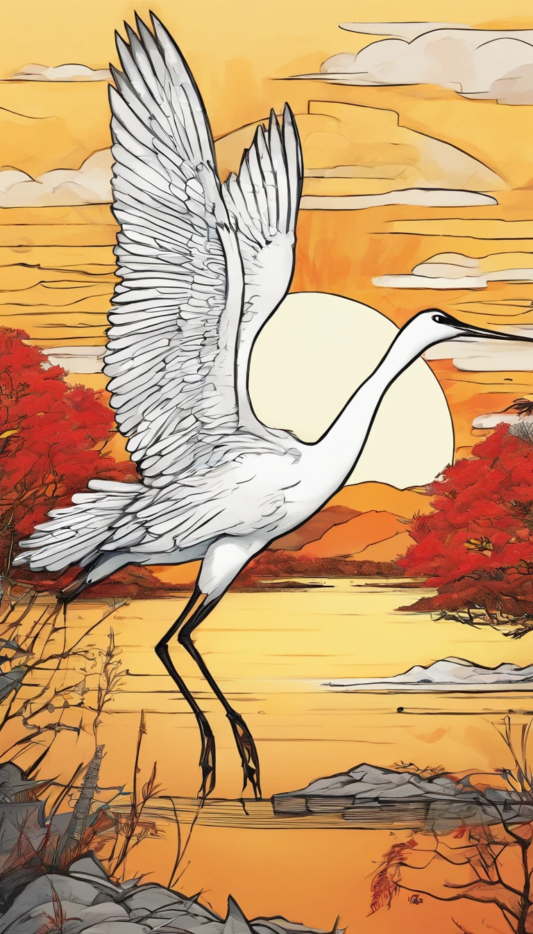 China ink painting,ink,The sunset and the solitary crane fly together,The autumn water is the same for a long time,The beauty of ancient poetry,the setting sun,Wild geese in the sky in the distance,Ancient buildings are scattered,aquarelle