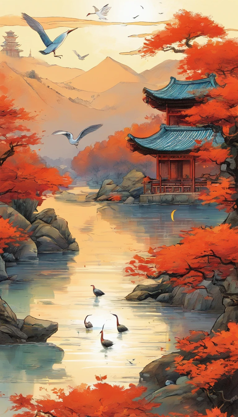 China ink painting，ink，The sunset and the solitary crane fly together，The autumn water is the same for a long time，The beauty of ancient poetry，the setting sun，Wild geese in the sky in the distance，Ancient buildings are scattered，aquarelle
