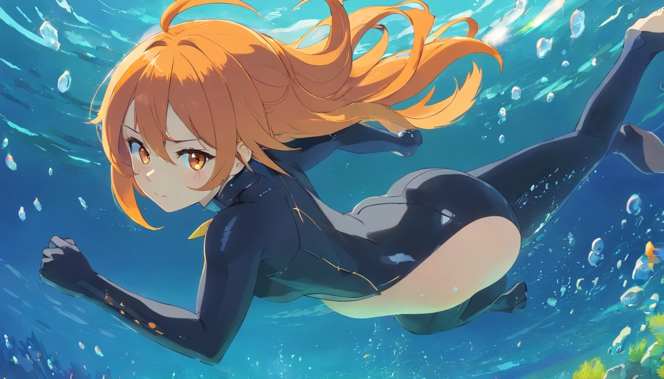 1 female、Orange hair、huge tit、Huge ass、Black rubber suit、yellow eyes、under the water