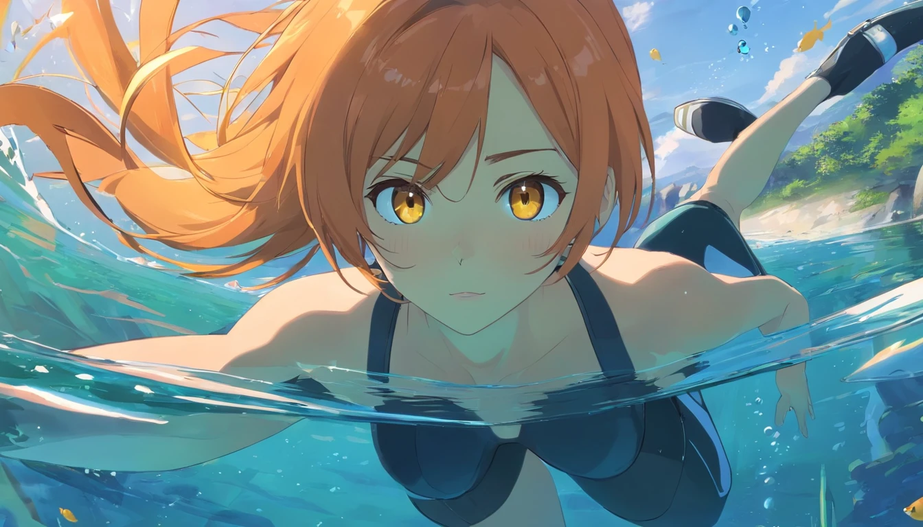 1 female、Orange hair、huge tit、Big ass、Black catsuit、yellow  eyes、thick and large thighs,、Short Bob、under the water、swim