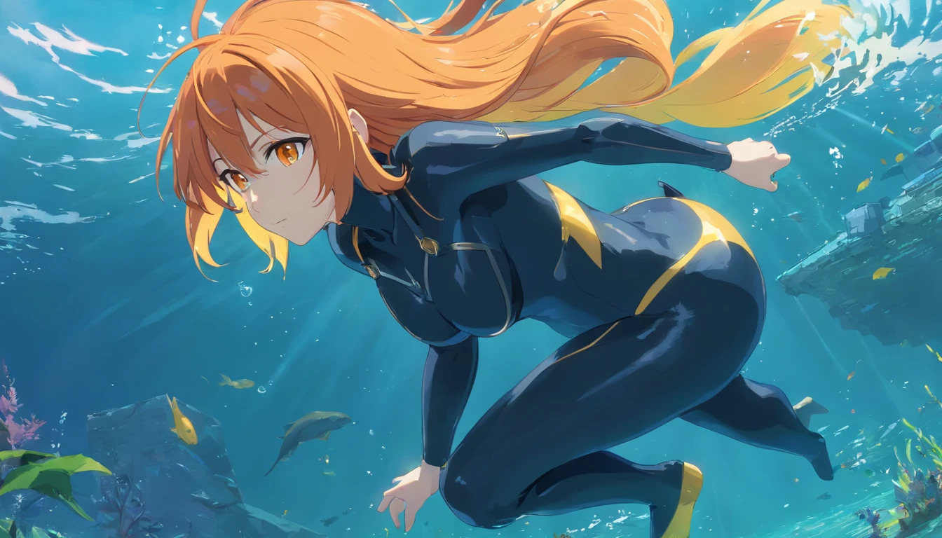 1 female、Orange hair、huge tit、Huge ass、Black rubber suit、yellow eyes、under the water