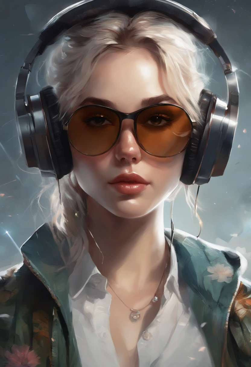 Perfect centering, Cute kittens everywhere, Wear a student jacket, Wearing sunglasses, Wearing headphones, Standing position, Abstract beauty, Centered, Looking at the camera, Facing the camera, Approaching perfection, Dynamic, Moonlight, Highly detailed, Digital Painting, art stations, concept-art, Smooth, Sharp Focus, 8K, hight resolution, Illustration, art by carne griffiths and wadim kashin, White background