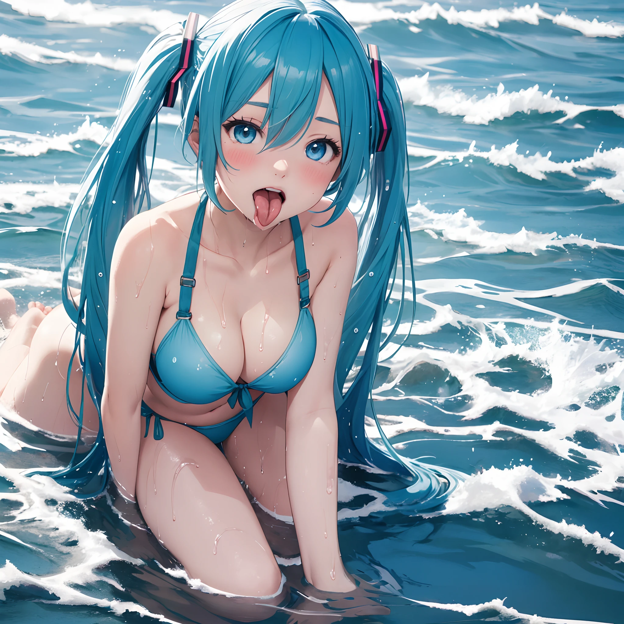 1girl, long hair, tongue, very long hair, tongue out, hatsune miku, breasts, solo, blue hair, hair ornament, blue eyes, water, twintails, medium breasts, kneeling, looking at viewer, cleavage, open mouth, collarbone, wet, blush, bikini