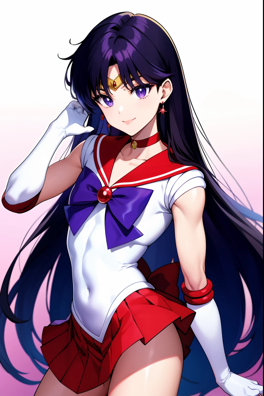 Sailor Mars、Anime Boy、Cool anime boys、gender change、gender change(Girls to boys)、Sailor Senshi Uniform、Rei Hino、solo、Red sailor collar、Blue bow tie、skirt、Boy with very long black hair、rating:safe、Flames around him、a red skirt、Magical Boy、a red choker、White leotard、highleg leotard、robe blanche, traditional_media、fire、marker_(medium)、neck、burning、upper_body、elbowgloves、makeup、jewelry、circlet、looking_at_viewer、white glove、Muscular men、eyeslashes、lips、smile、flame、a miniskirt、pleatedskirt、collarbone、Bare shoulders、bangs、耳Nipple Ring、Boy with Purple Eyes、Boy with Black Eyes、multicolored_background、covered_navel、1990's\(styles\)