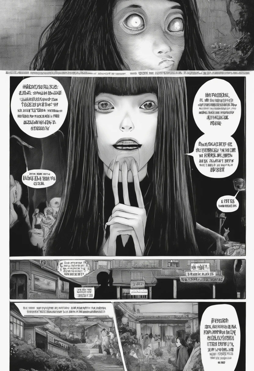 junji ito style, horror manga, black and white, one page manga style layout, no talking bubbles, yokai girl, super creepy, screaming gils who has a crazy eyes and huge mouth and super long black hair, grotesque, disgusting, bloody, terrifying, dynamic manga layout, horror, Junji Ito